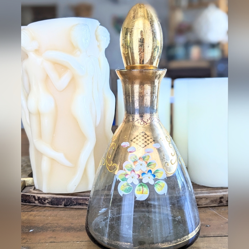 Vintage Smokey floral glass decanter gold accents Bohemia Glass - Picture 5 of 5